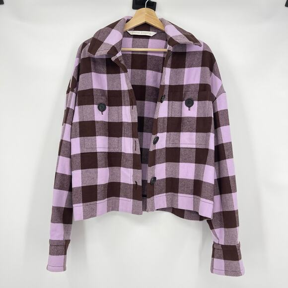 Palm Angels | Purple Brown Buffalo Check Plaid Logo Flannel Shirt Jacket 40 US L - Picture 14 of 16